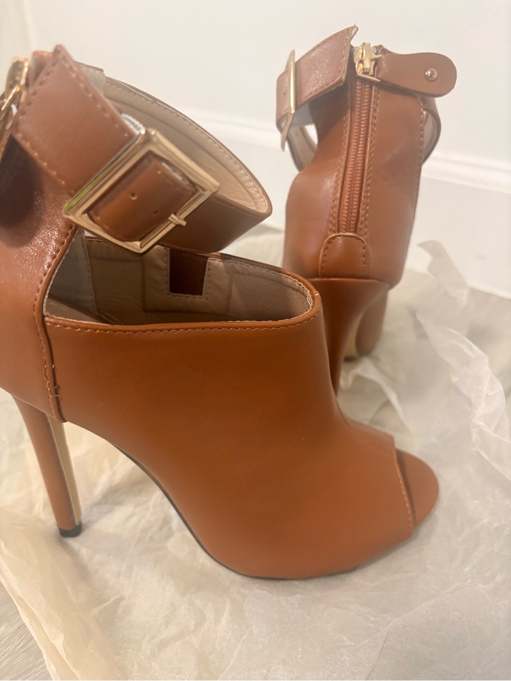 SHEIN Tan Peep-Toe High Heel Ankle Booties with Gold Buckle